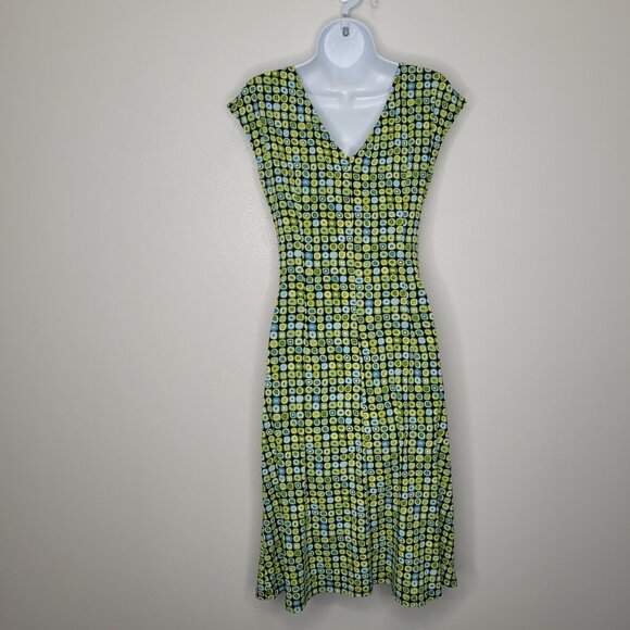 Vintage 90s y2k green blue geometric print mod 70s vibe v neck midi dress size 8 - Picture 3 of 6